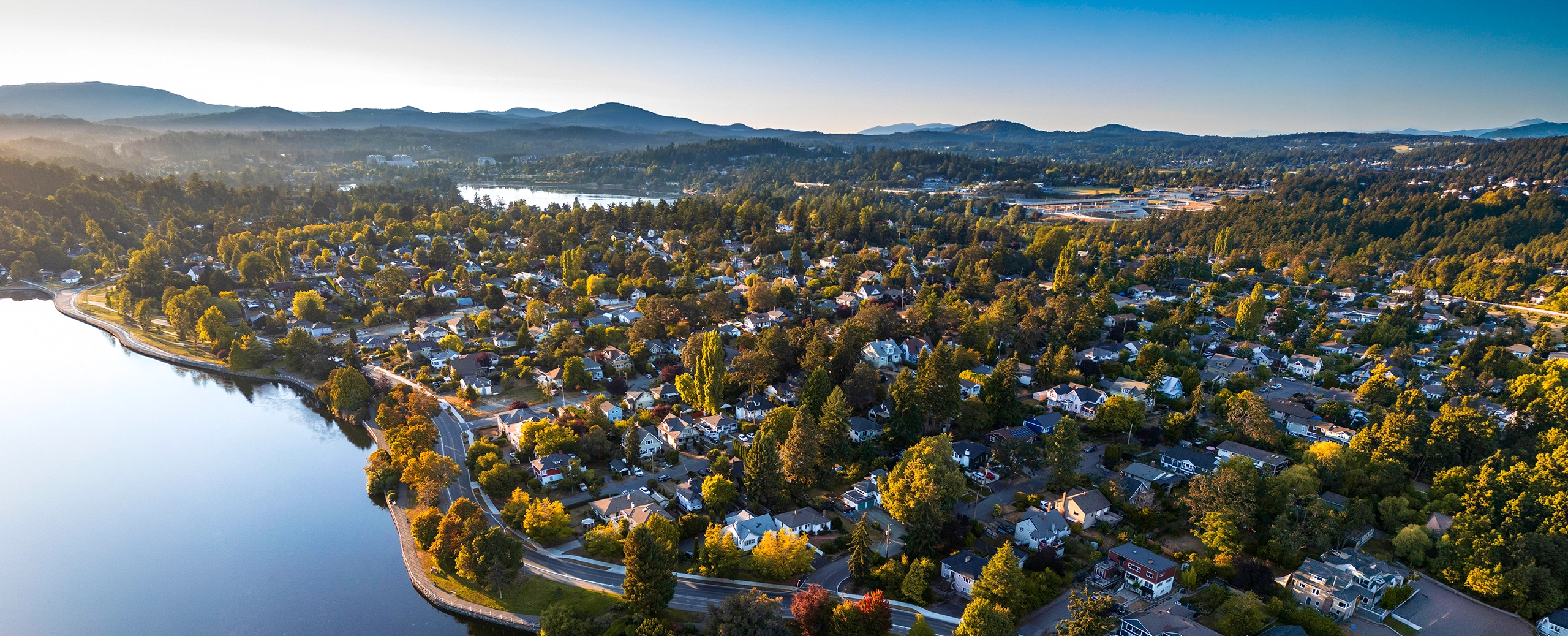 A scenic aerial view of the Gorge Waterway located in Victoria, British Columbia.