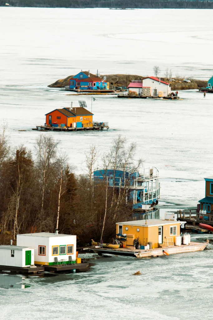 Houseboats on the frozen lake