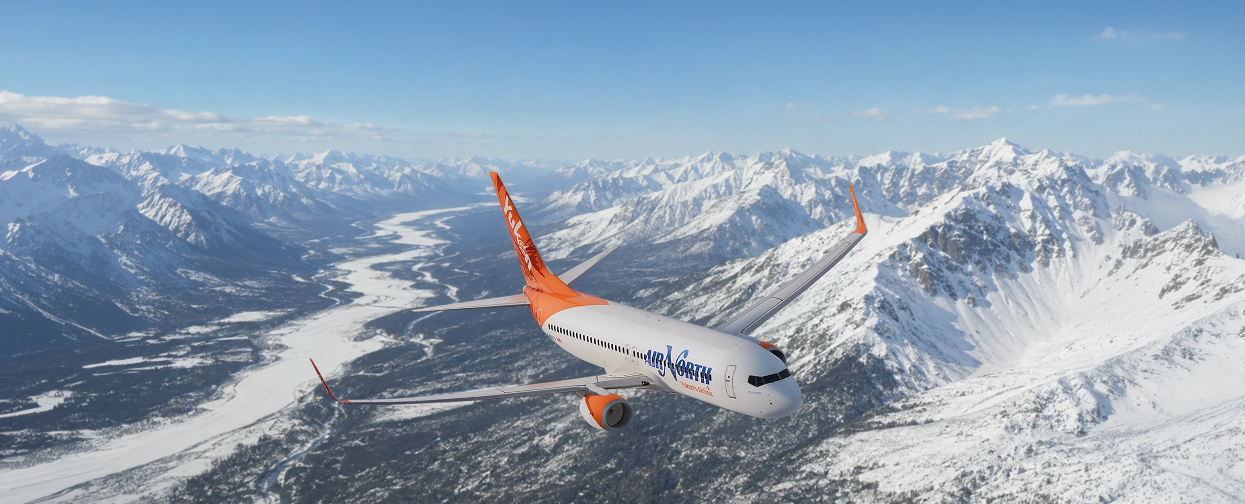 737-800 flying over snowy mountains, top angle view