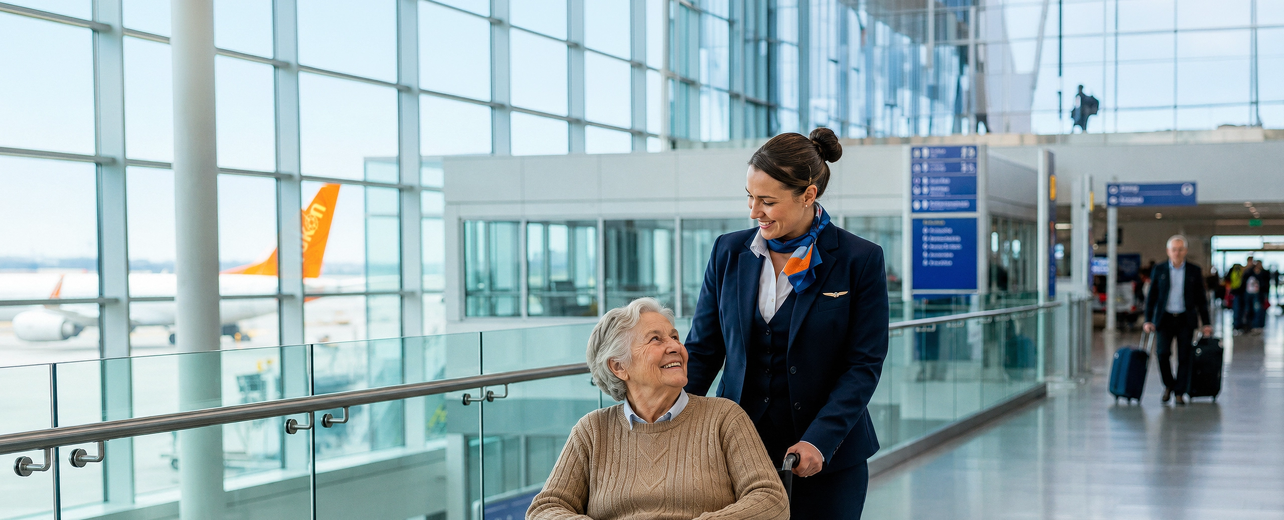 AirNorth staff helping elderly man in wheelchair at the airport