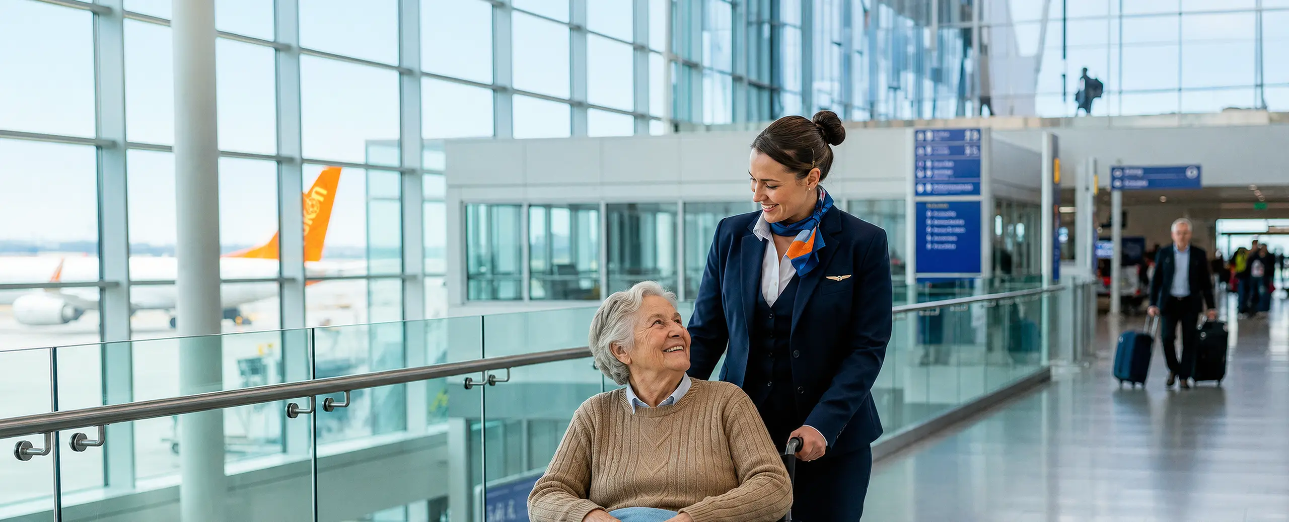 AirNorth staff helping elderly man in wheelchair at the airport